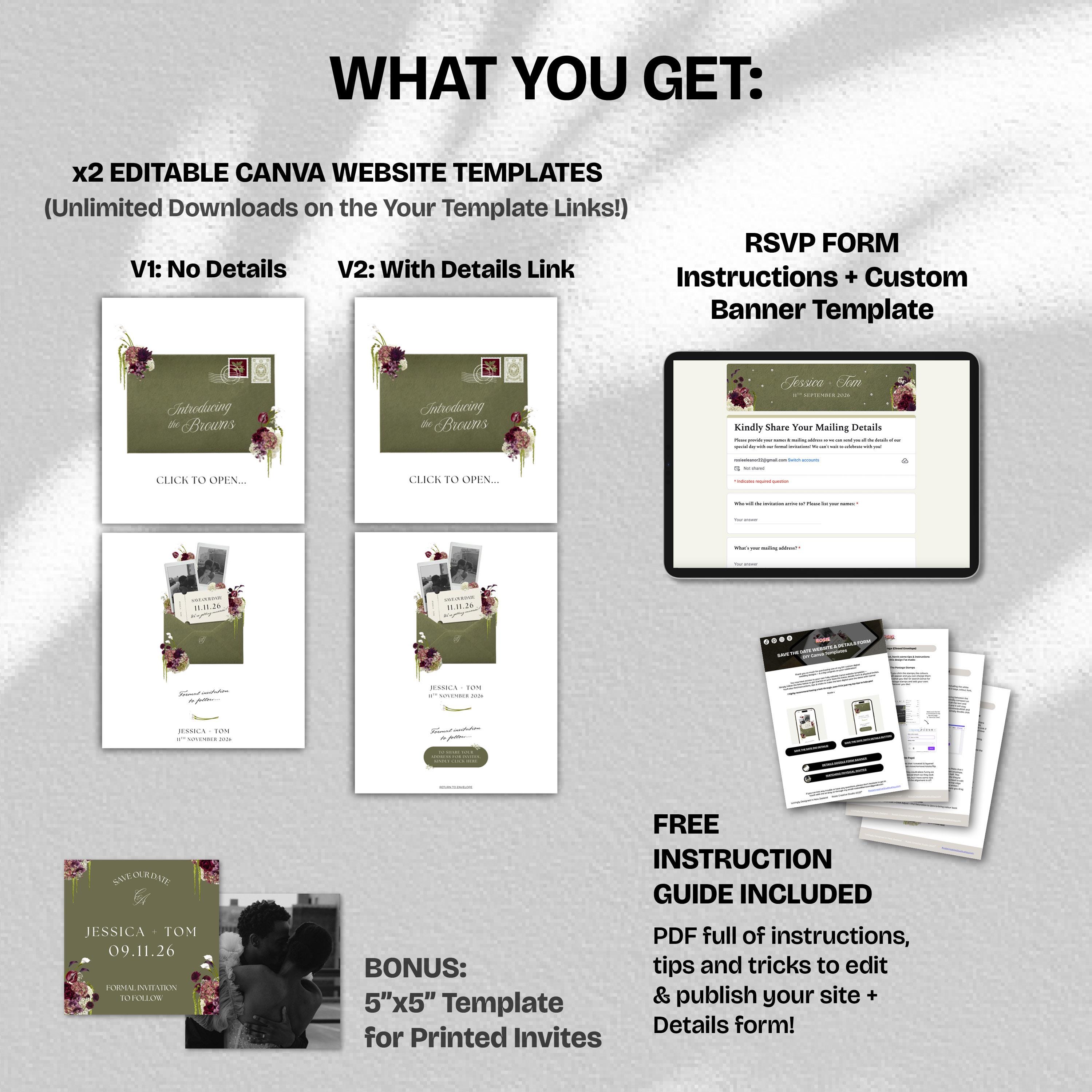 Olive Green & Burgundy Save the Date Website with RSVP/Details: DIY Canva Template (Digital Download)