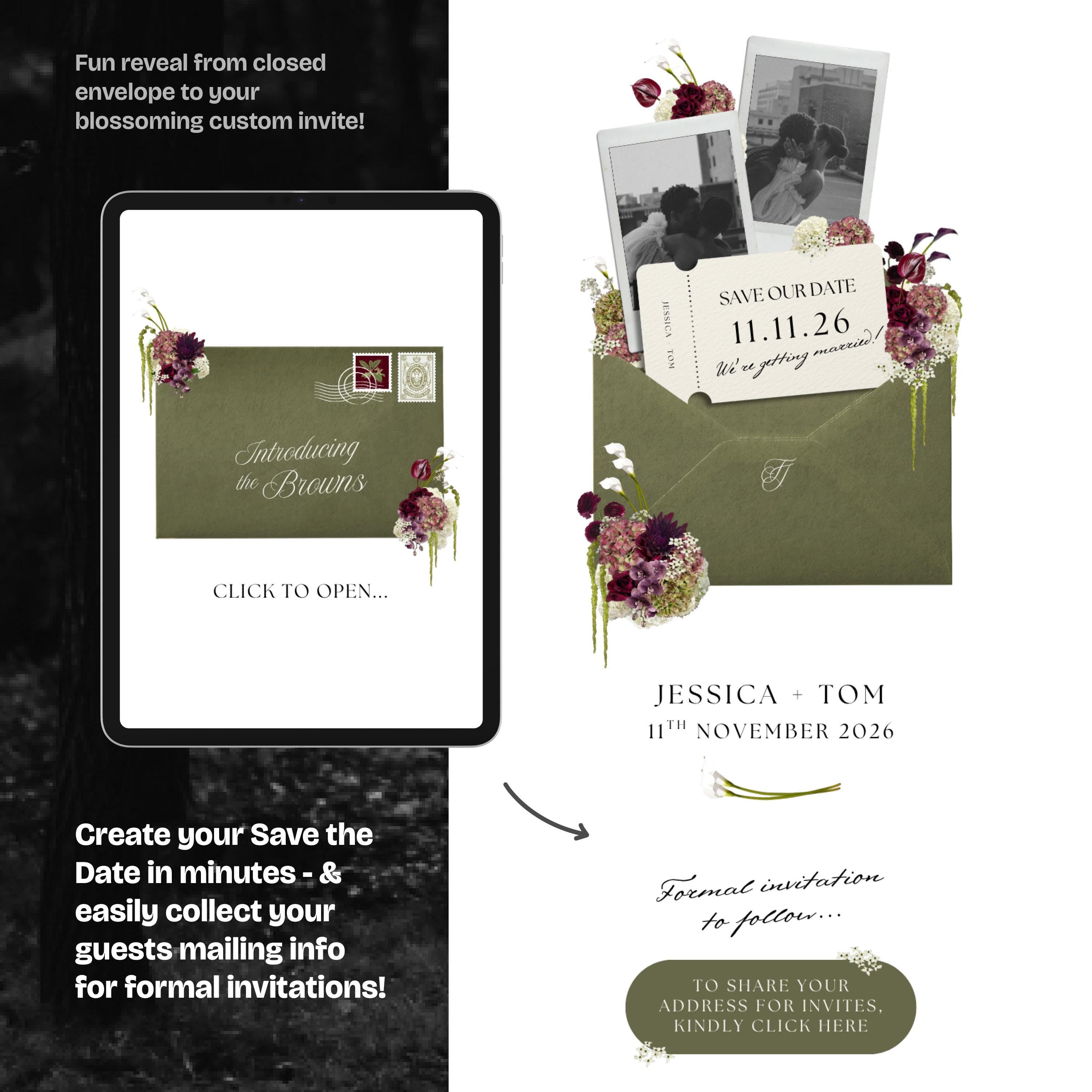 Olive Green & Burgundy Save the Date Website with RSVP/Details: DIY Canva Template (Digital Download)