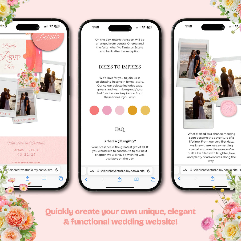 Warm Pastels Wedding Website Template with RSVP: Editable Canva Design (Digital Download)