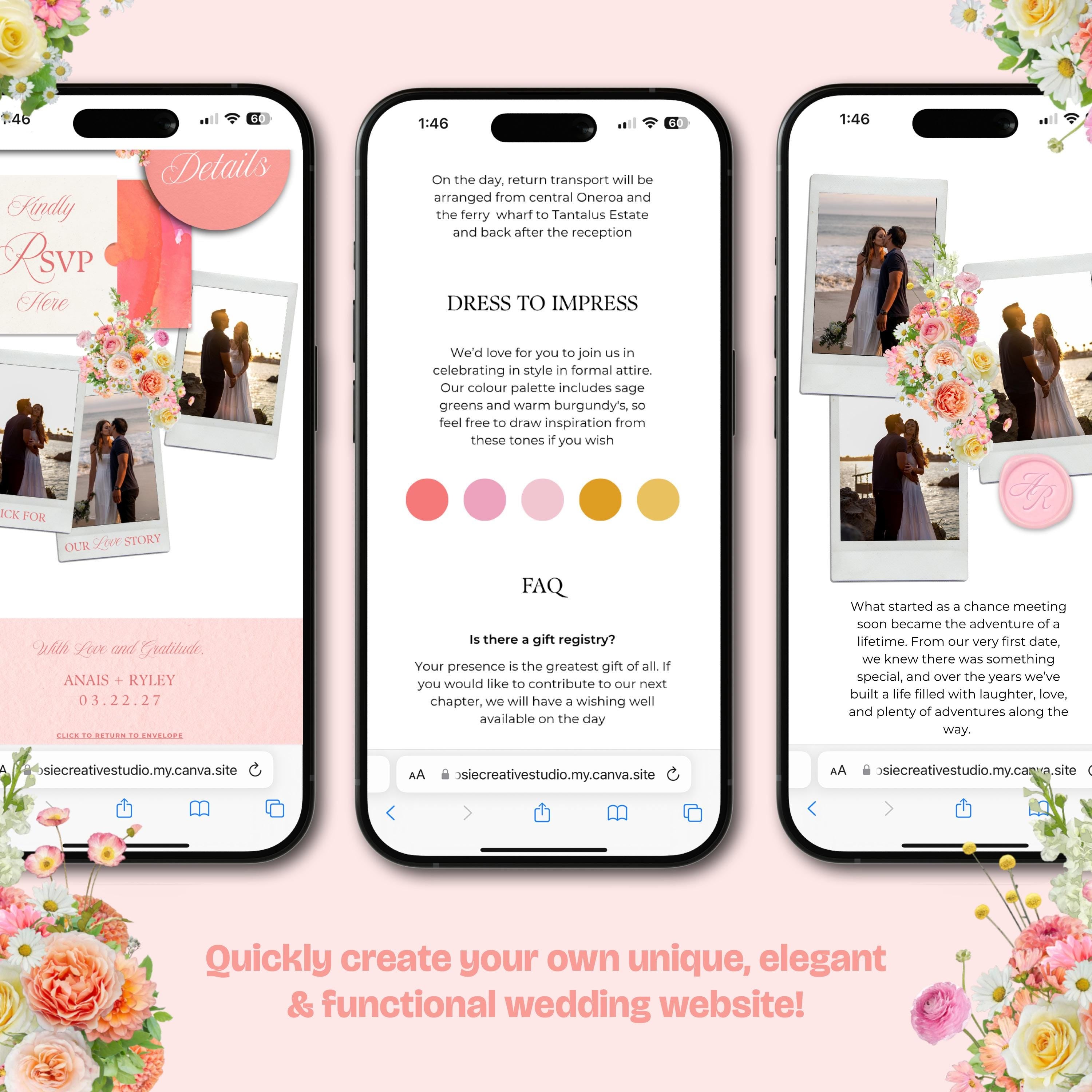 Warm Pastels Wedding Website Template with RSVP: Editable Canva Design (Digital Download)
