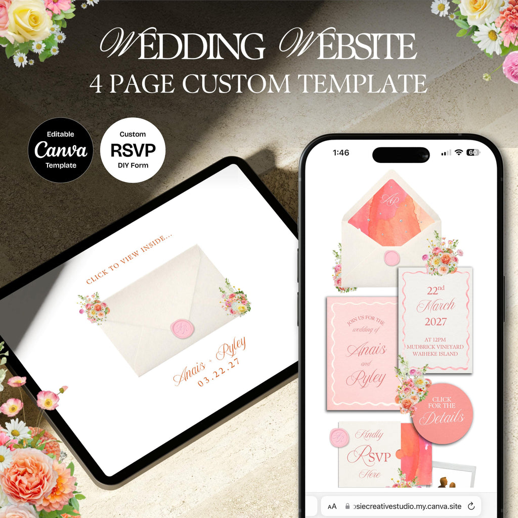 Warm Pastels Wedding Website Template with RSVP: Editable Canva Design (Digital Download)