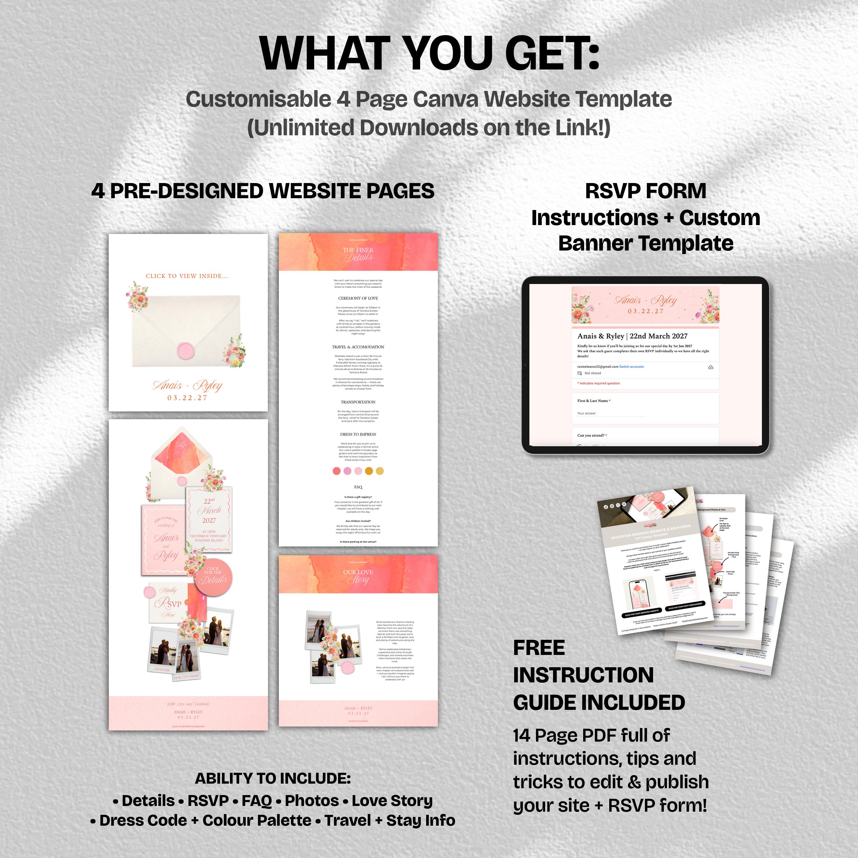 Warm Pastels Wedding Website Template with RSVP: Editable Canva Design (Digital Download)
