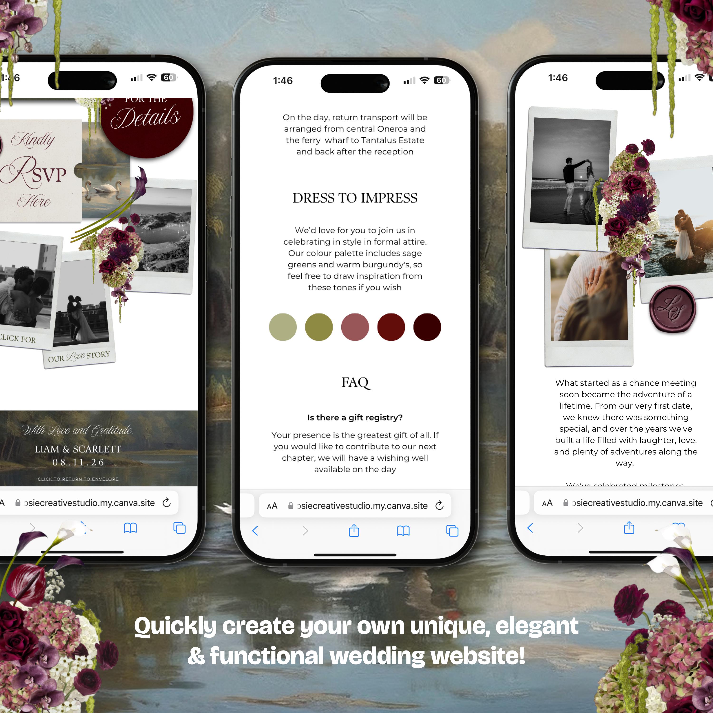 Olive Green & Burgundy Floral Wedding Website Template with RSVP: Editable Canva Design (Digital Download)