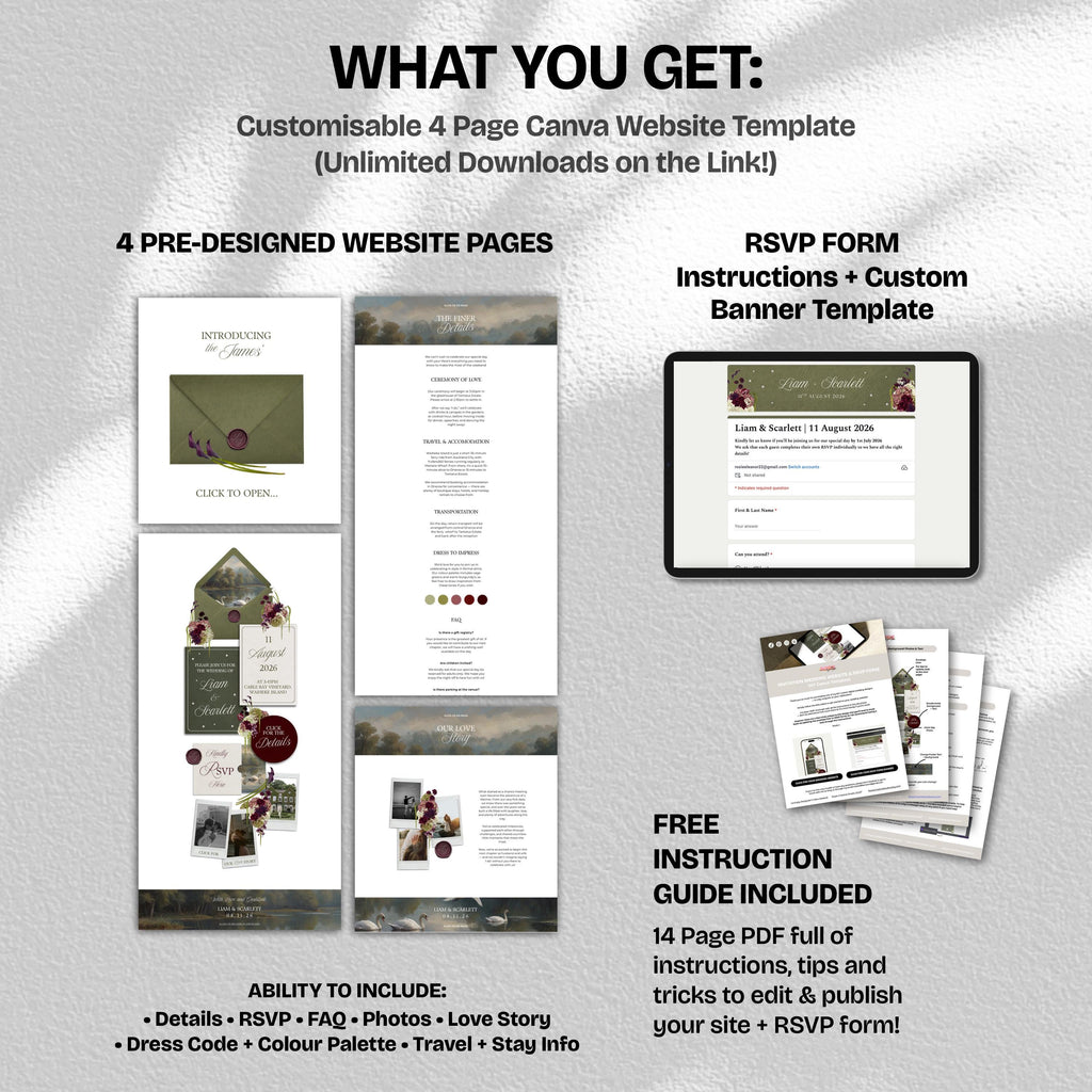 Olive Green & Burgundy Floral Wedding Website Template with RSVP: Editable Canva Design (Digital Download)
