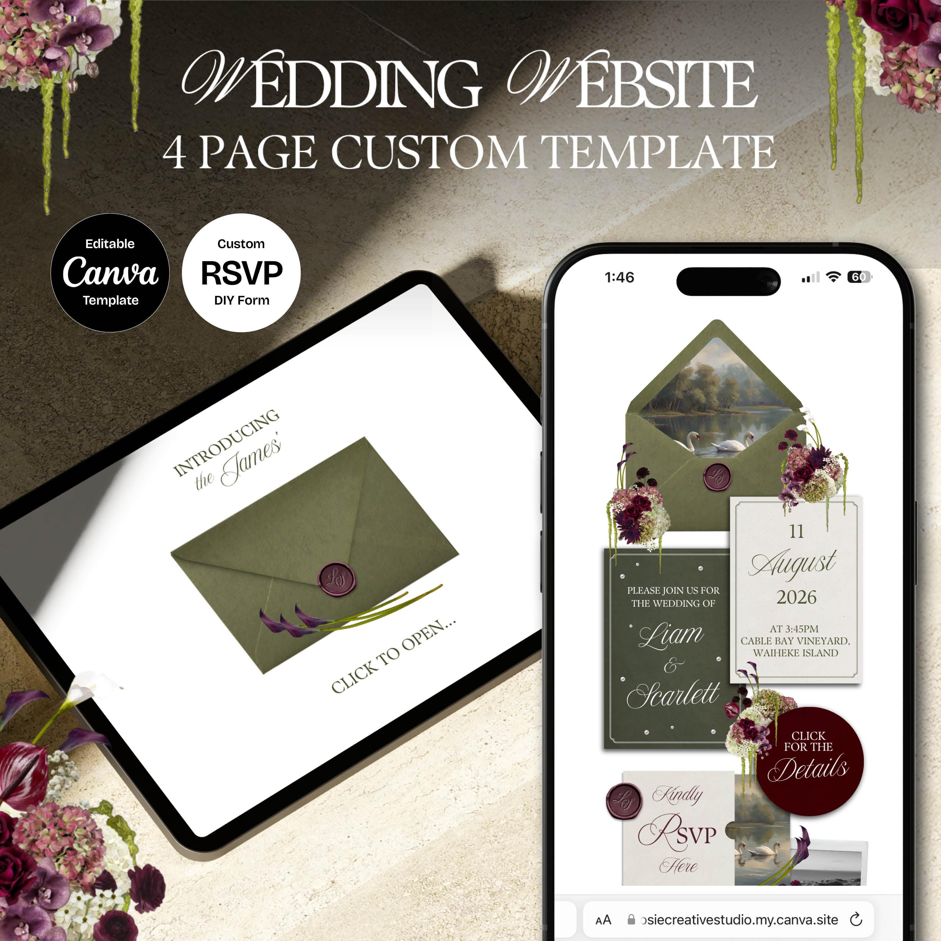 Olive Green & Burgundy Floral Wedding Website Template with RSVP: Editable Canva Design (Digital Download)