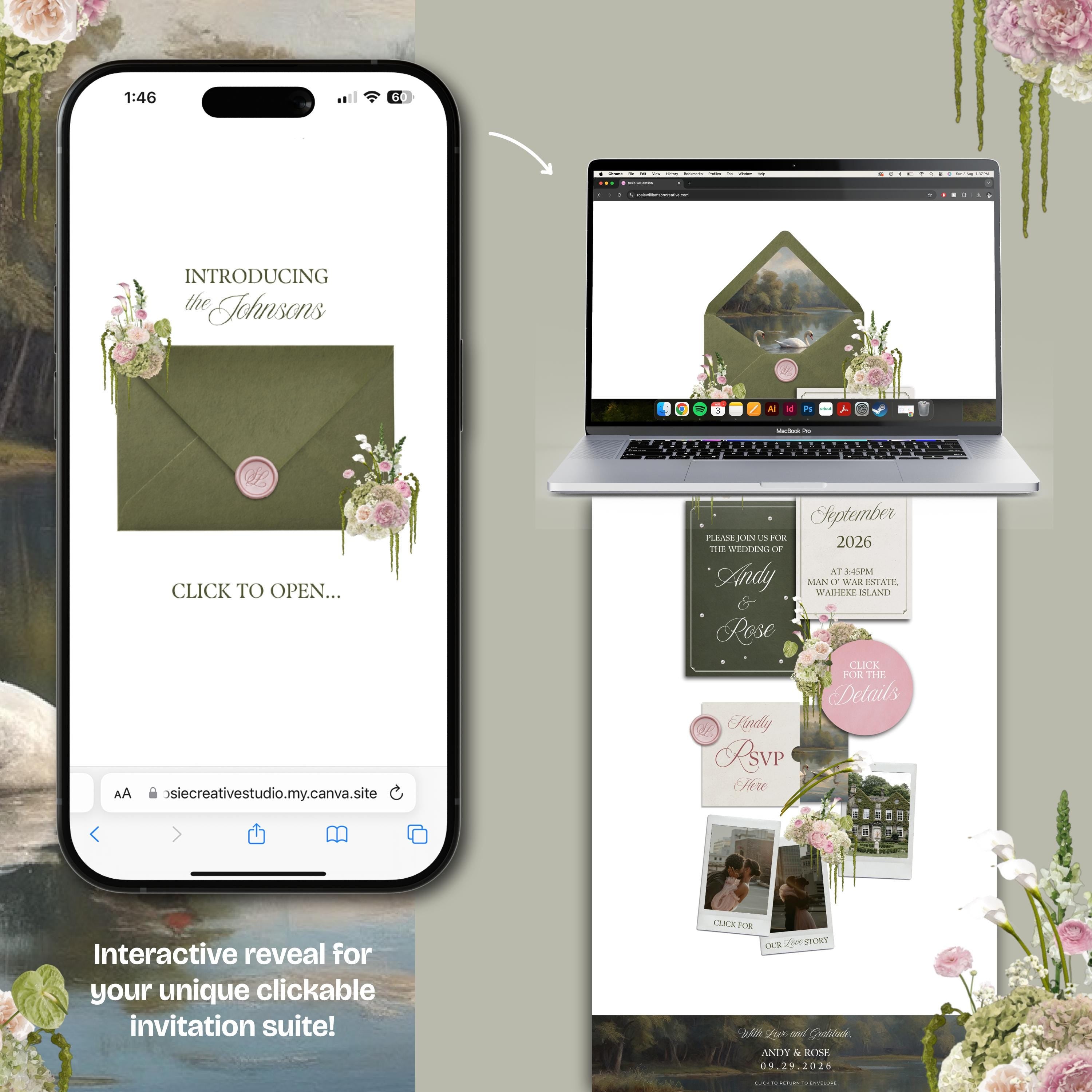Olive Green & Pink Floral Wedding Website Template with RSVP: Editable Canva Design (Digital Download)
