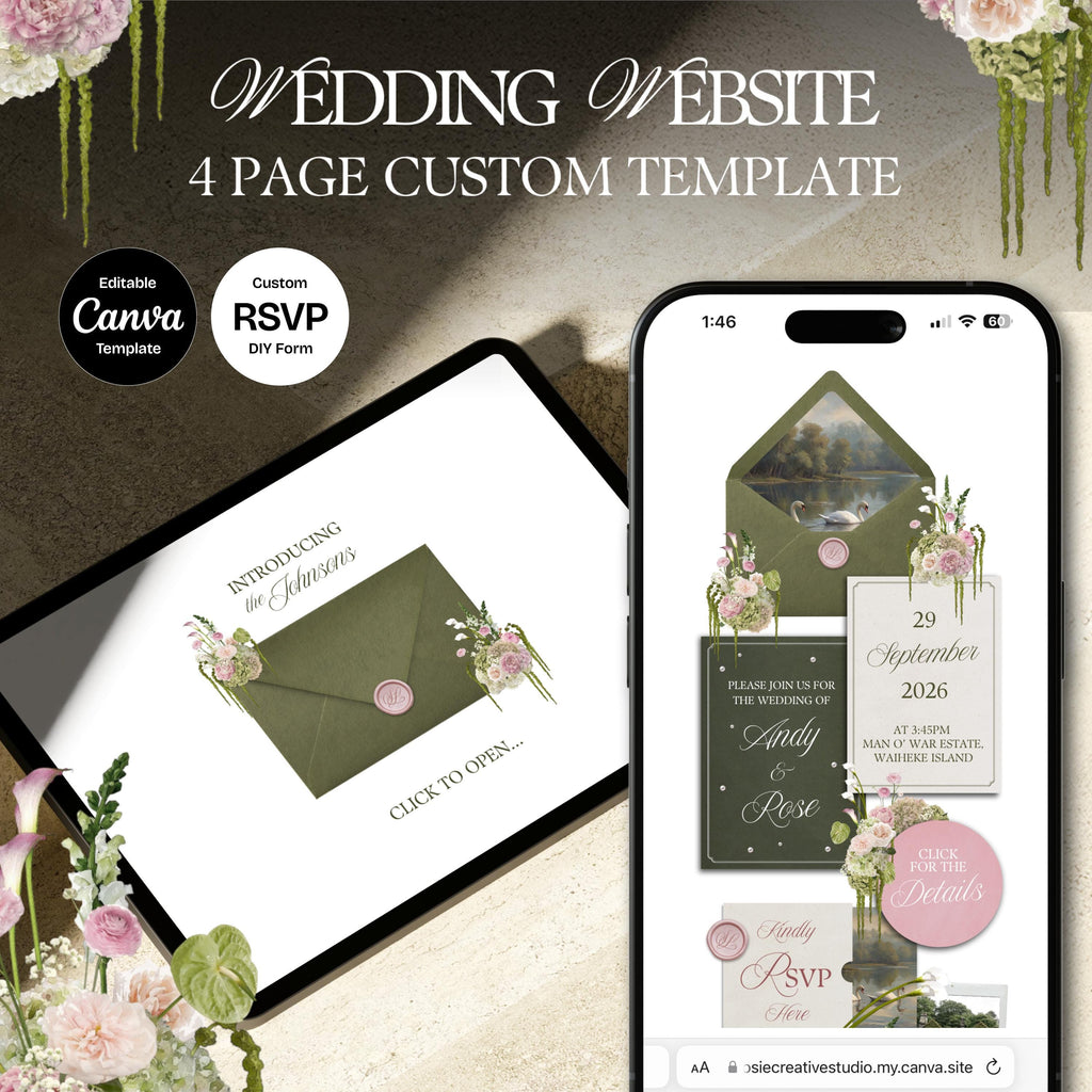 Olive Green & Pink Floral Wedding Website Template with RSVP: Editable Canva Design (Digital Download)