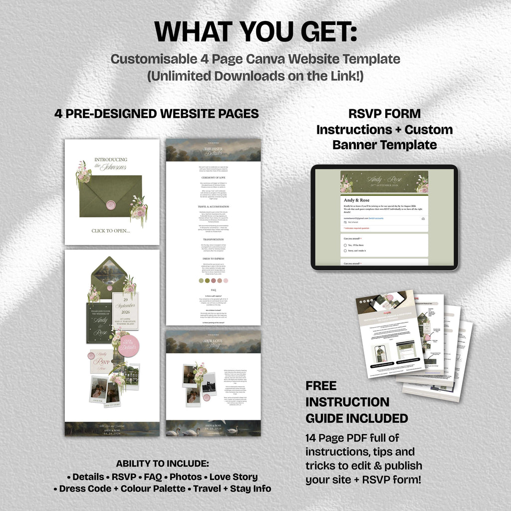 Olive Green & Pink Floral Wedding Website Template with RSVP: Editable Canva Design (Digital Download)