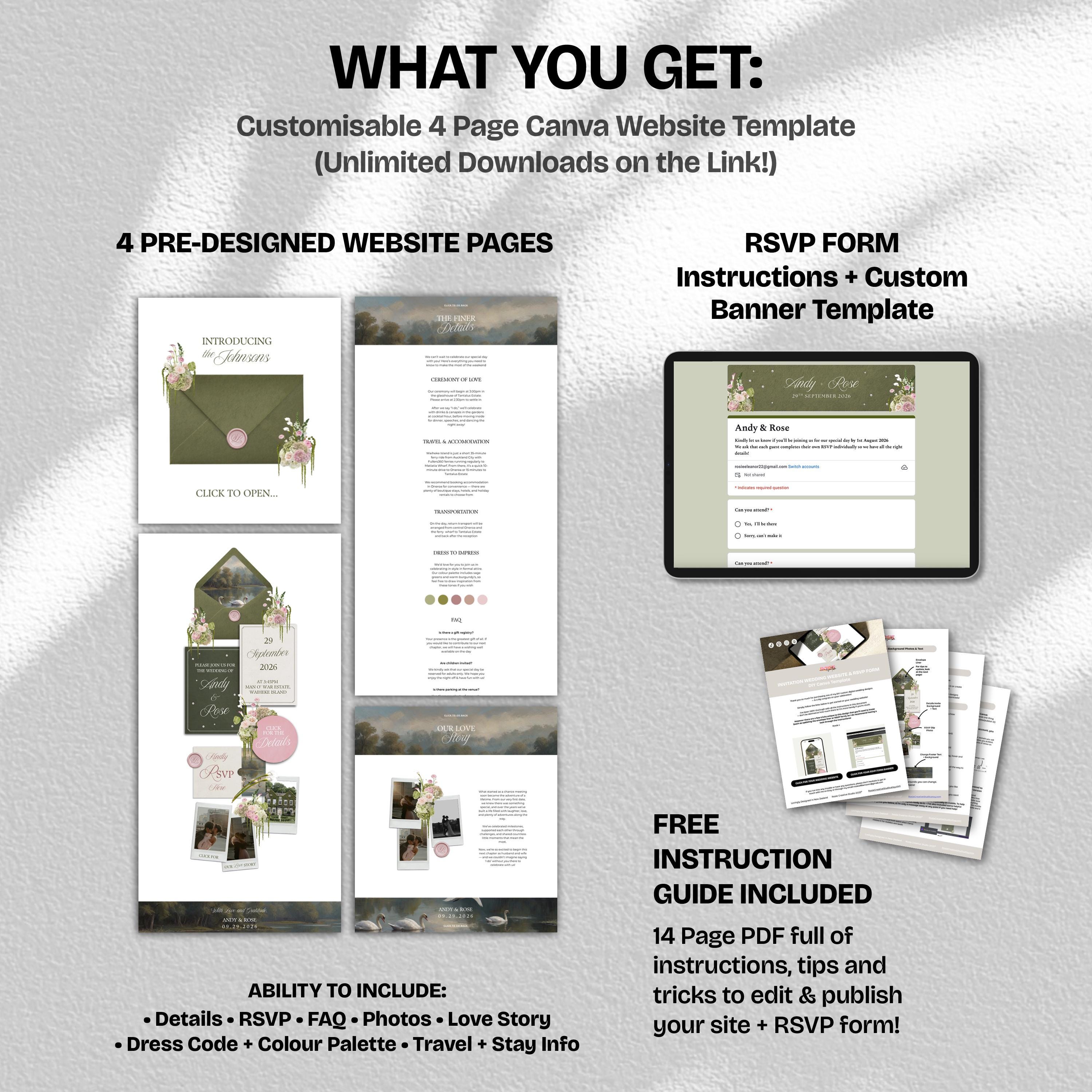 Olive Green & Pink Floral Wedding Website Template with RSVP: Editable Canva Design (Digital Download)