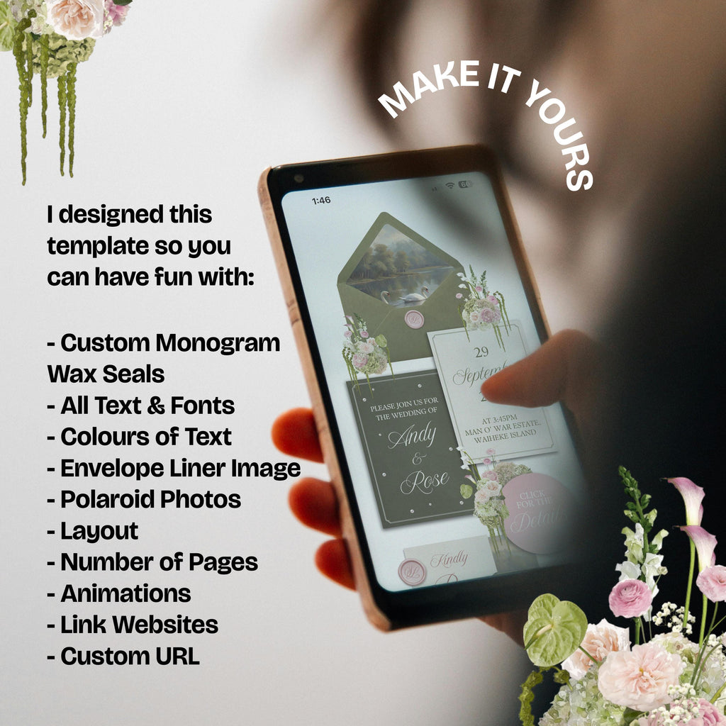 Olive Green & Pink Floral Wedding Website Template with RSVP: Editable Canva Design (Digital Download)