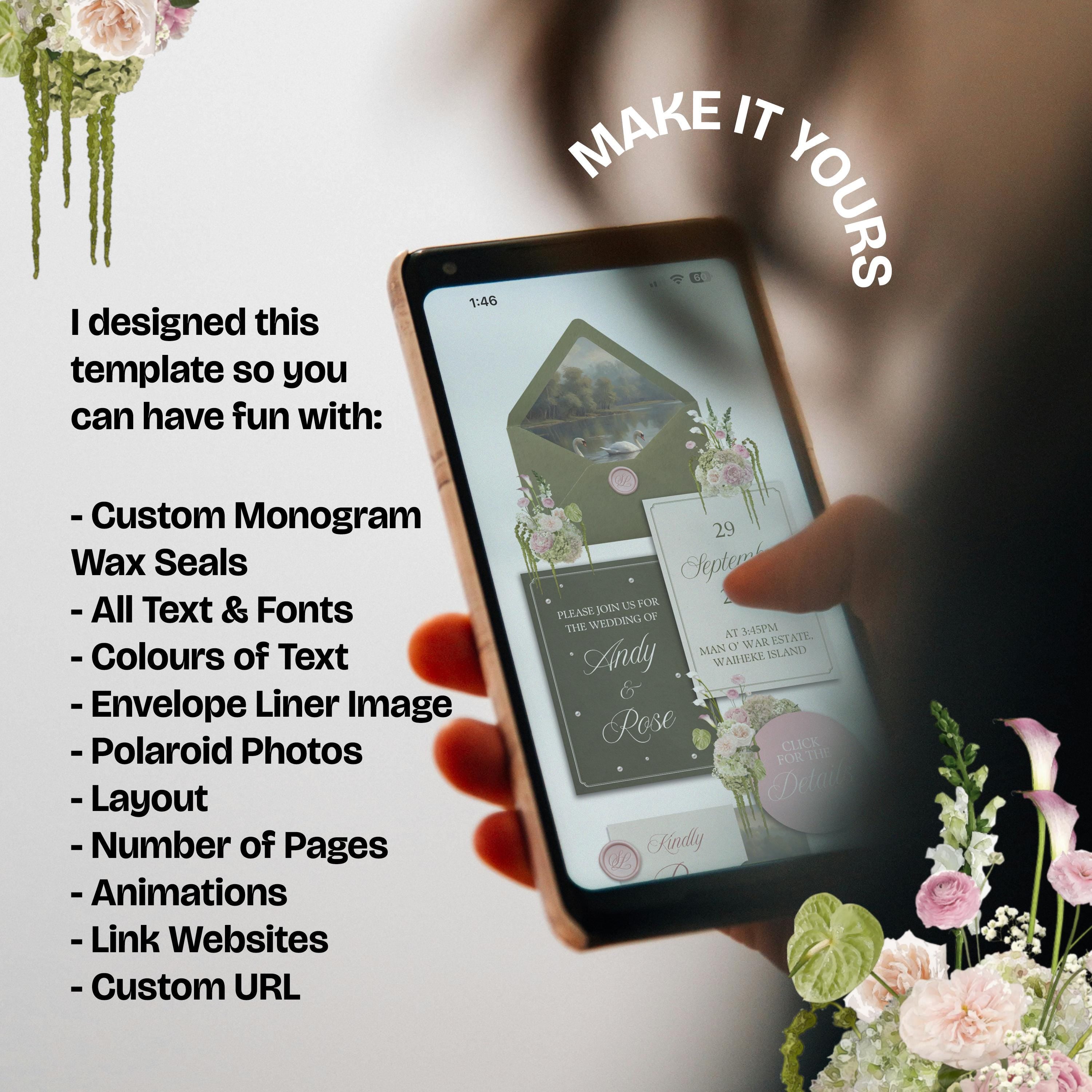 Olive Green & Pink Floral Wedding Website Template with RSVP: Editable Canva Design (Digital Download)
