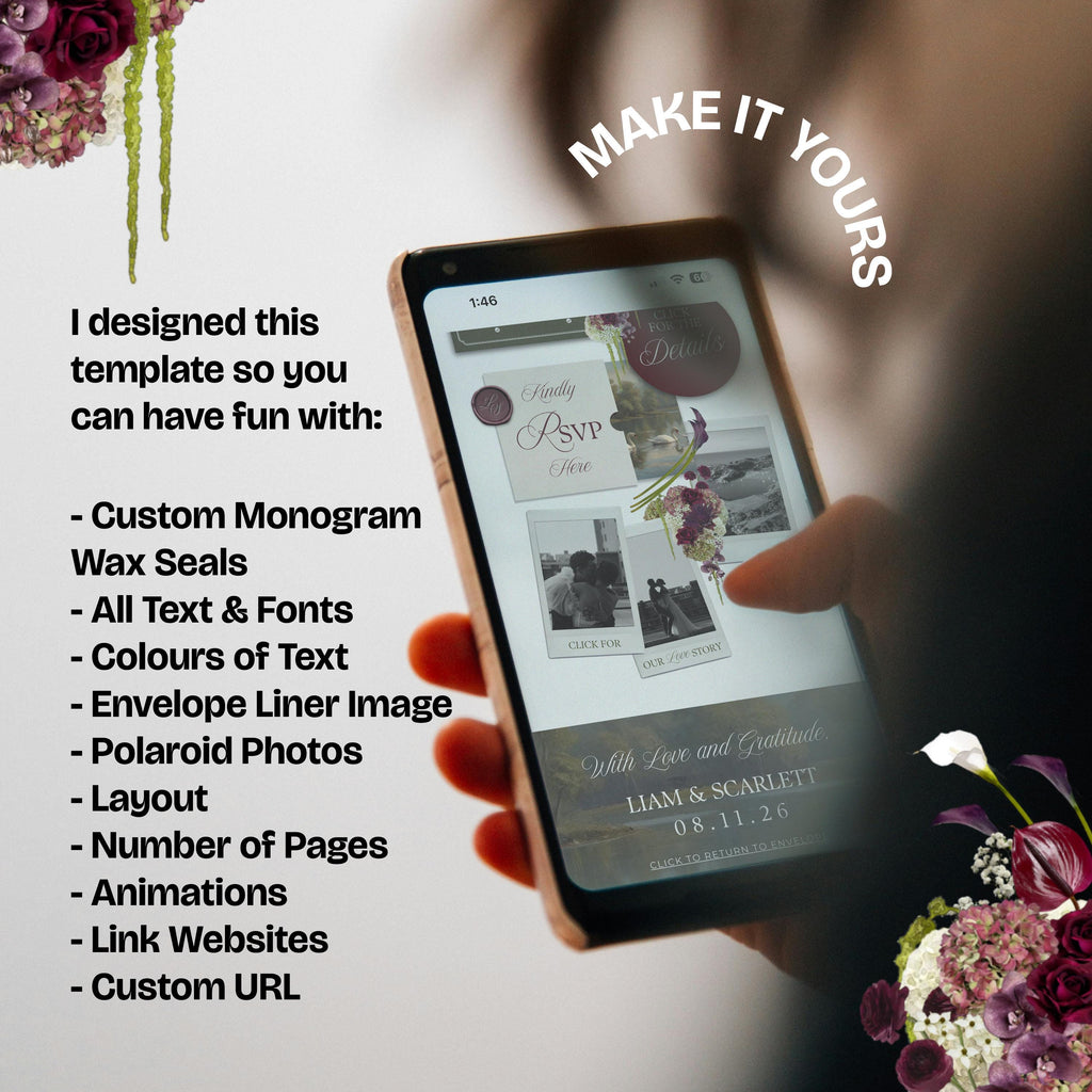 Olive Green & Burgundy Floral Wedding Website Template with RSVP: Editable Canva Design (Digital Download)