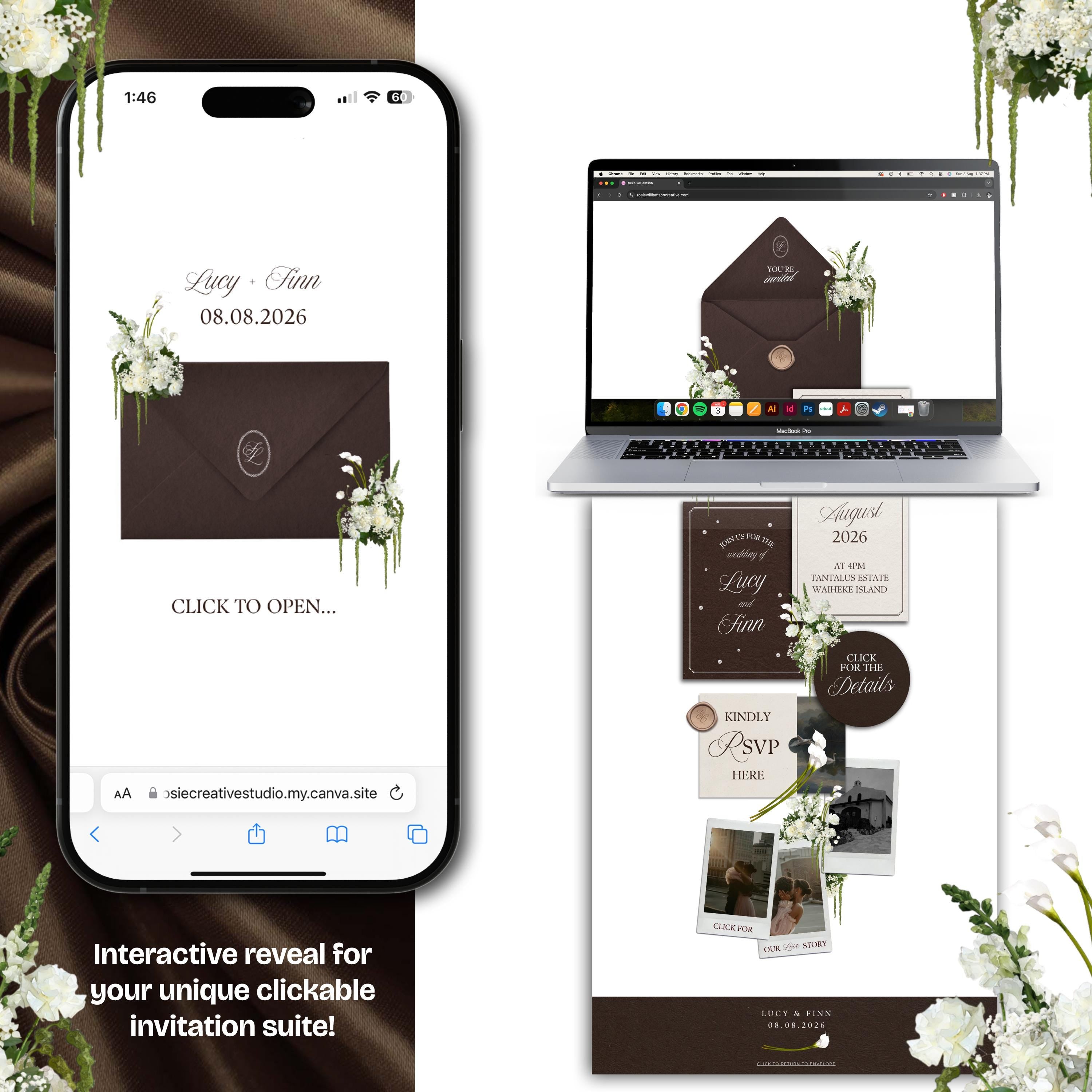 Brown & Ivory Floral Wedding Website Template with RSVP: Editable Canva Design (Digital Download)