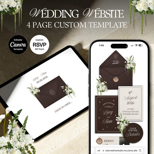 Brown & Ivory Floral Wedding Website Template with RSVP: Editable Canva Design (Digital Download)
