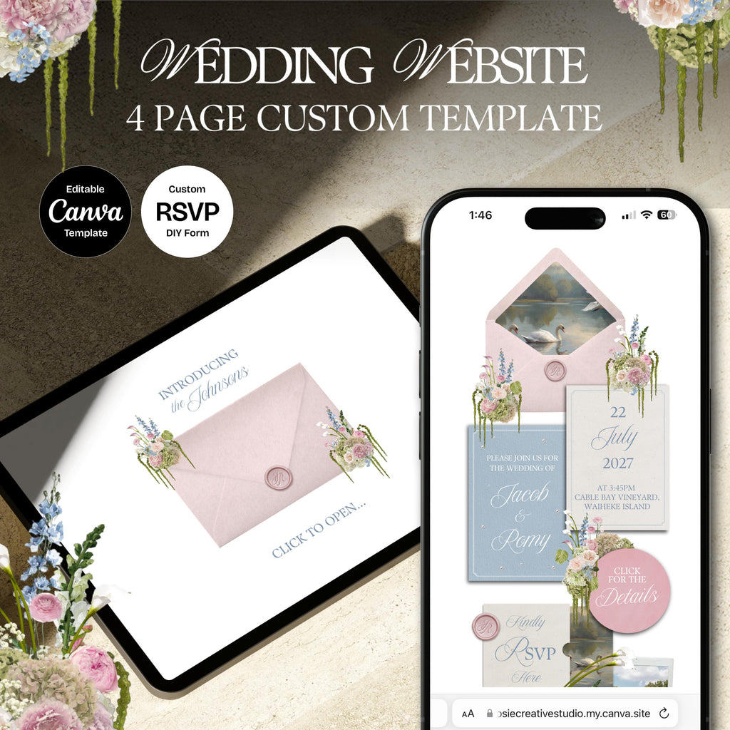 Blush Pink & Blue Floral Wedding Website Template with RSVP: Editable Canva Design (Digital Download)
