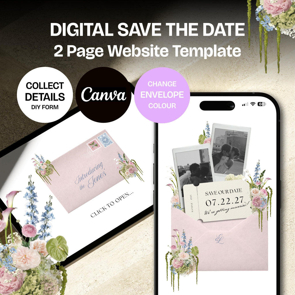 Blush Pink & Blue Save the Date Website with RSVP/Details: DIY Canva Template (Digital Download)