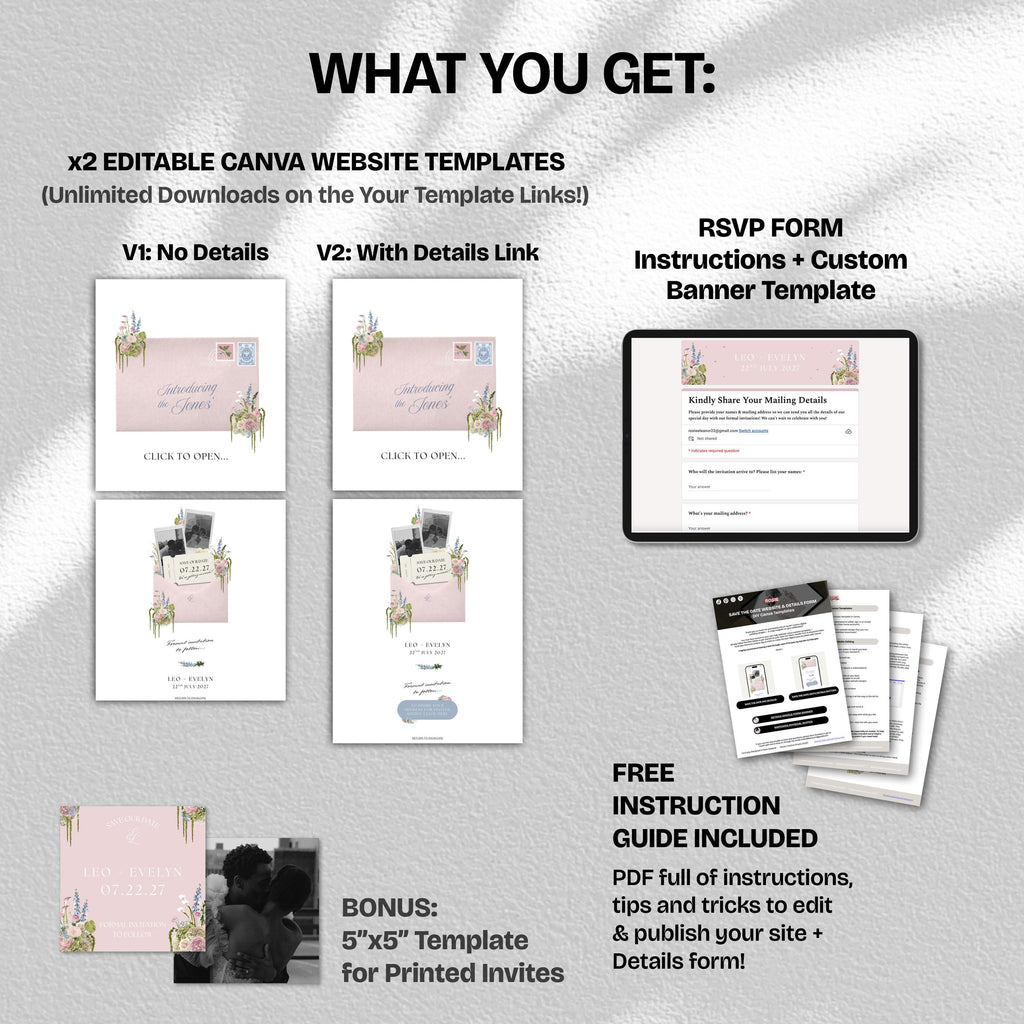 Blush Pink & Blue Save the Date Website with RSVP/Details: DIY Canva Template (Digital Download)