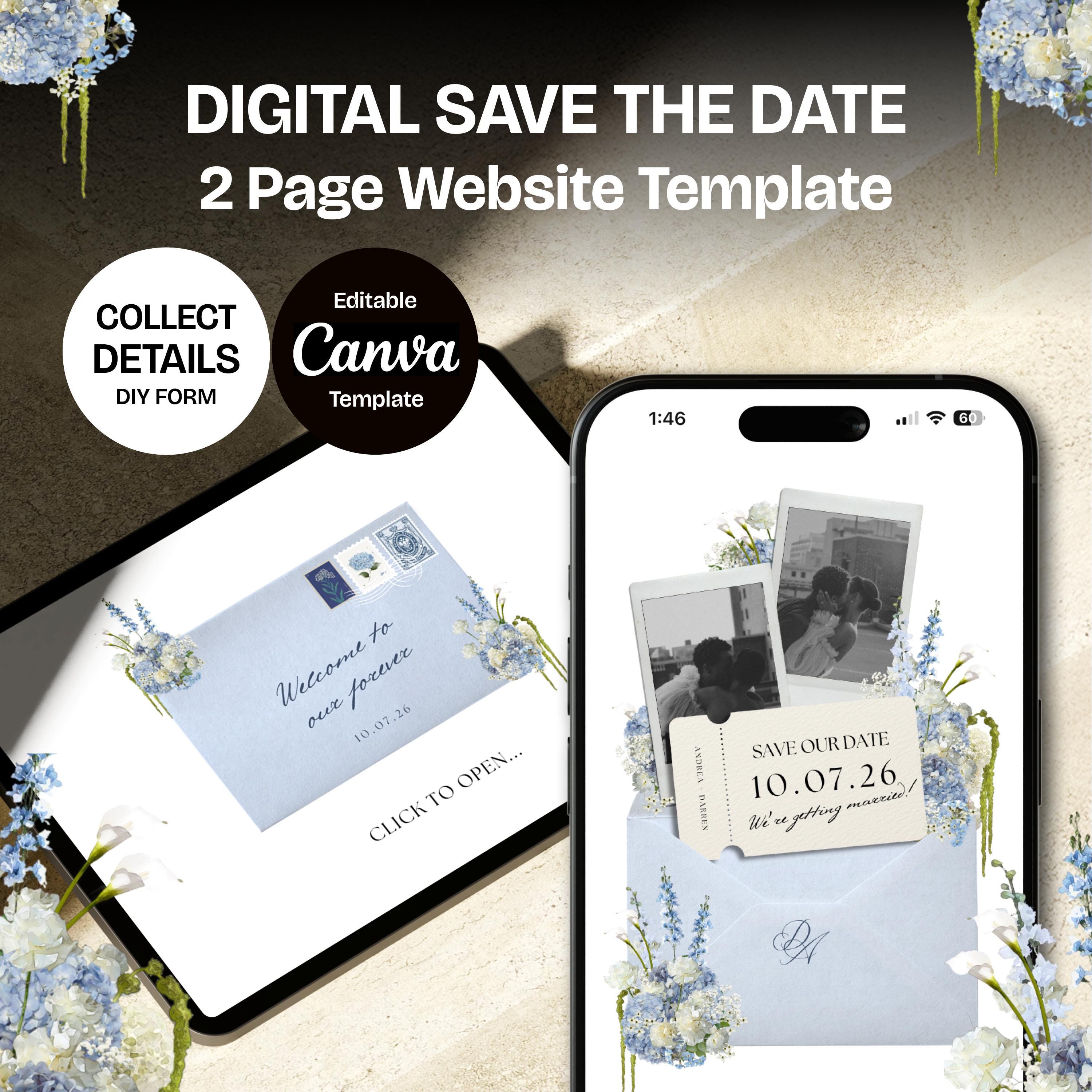 Dusty Blue Save the Date Website: Canva Digital Invitation (Digital Download)