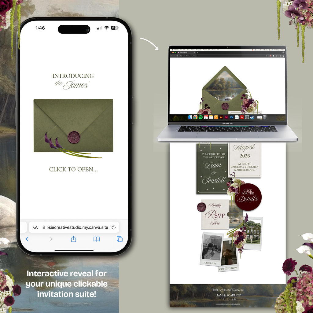 Olive Green & Burgundy Floral Wedding Website Template with RSVP: Editable Canva Design (Digital Download)