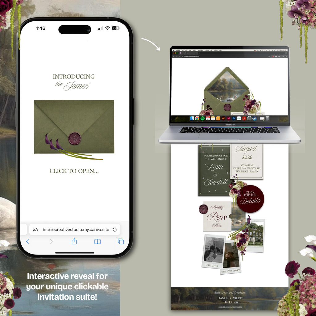 Olive Green & Burgundy Floral Wedding Website Template with RSVP: Editable Canva Design (Digital Download)