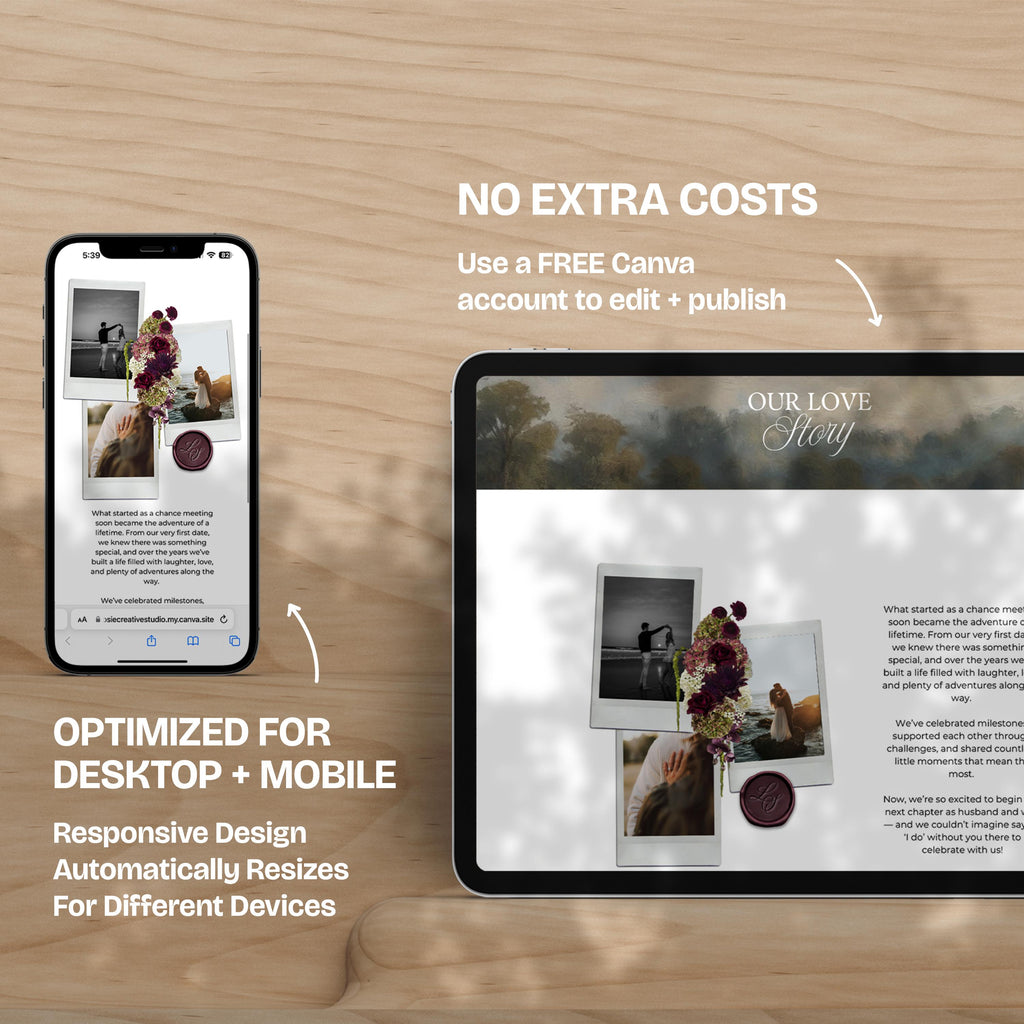 Olive Green & Burgundy Floral Wedding Website Template with RSVP: Editable Canva Design (Digital Download)