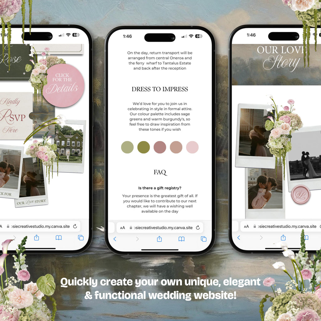 Olive Green & Pink Floral Wedding Website Template with RSVP: Editable Canva Design (Digital Download)