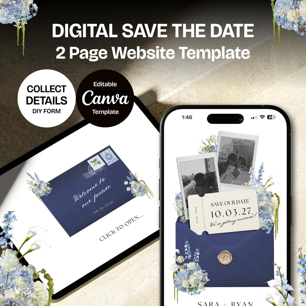 Navy Blue Save the Date Website: Canva Digital Invitation (Digital Download)