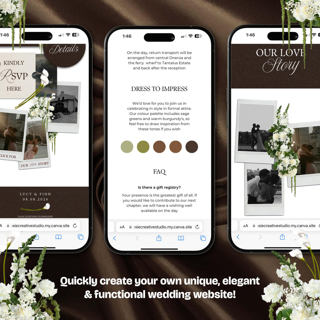 Brown & Ivory Floral Wedding Website Template with RSVP: Editable Canva Design (Digital Download)