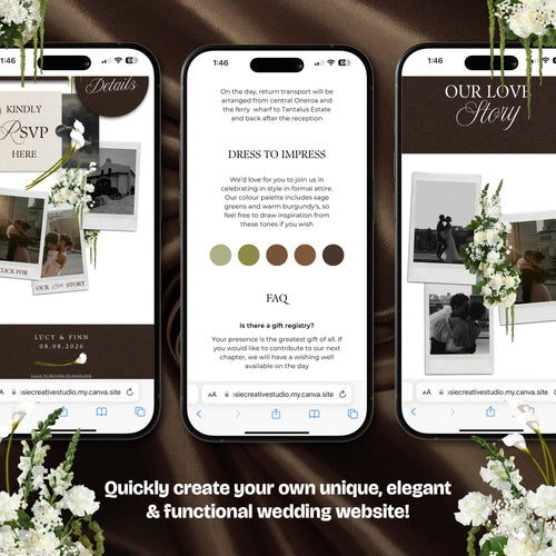 Brown & Ivory Floral Wedding Website Template with RSVP: Editable Canva Design (Digital Download)