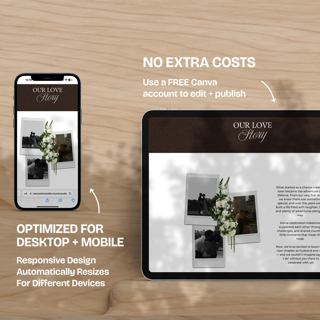 Brown & Ivory Floral Wedding Website Template with RSVP: Editable Canva Design (Digital Download)