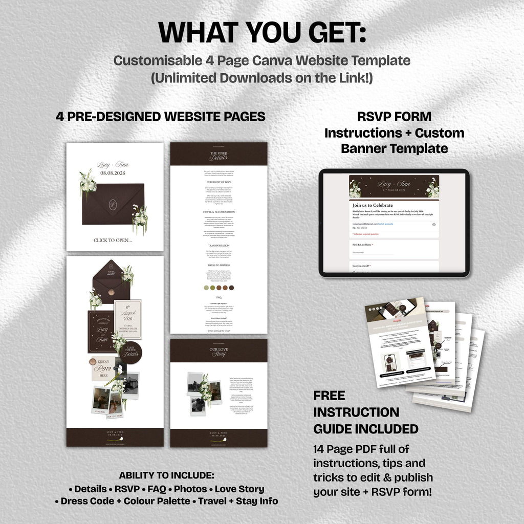Brown & Ivory Floral Wedding Website Template with RSVP: Editable Canva Design (Digital Download)