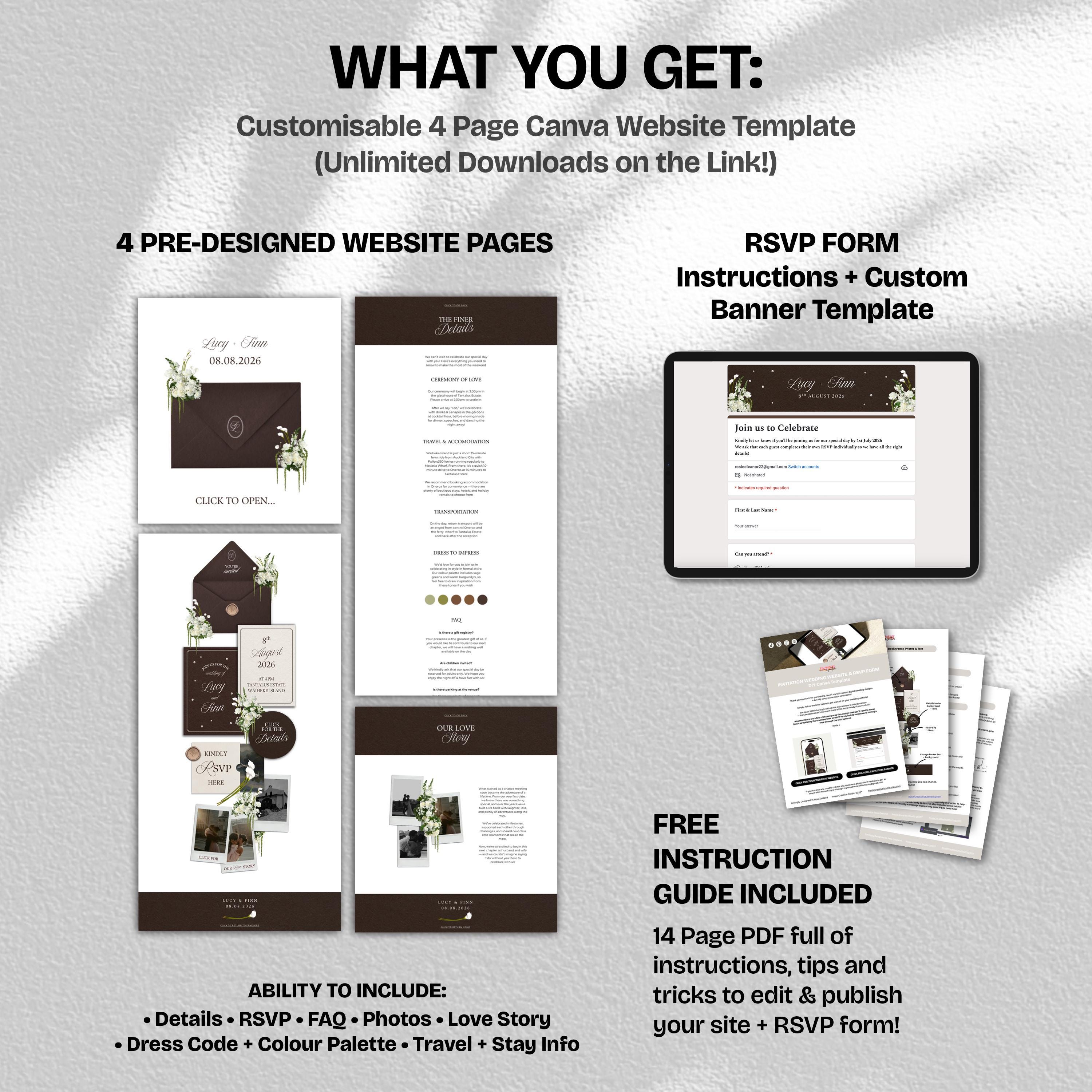 Brown & Ivory Floral Wedding Website Template with RSVP: Editable Canva Design (Digital Download)