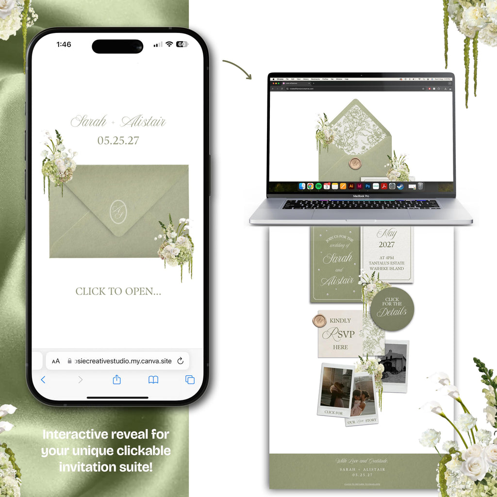 Sage Green & White Floral Wedding Website Template with RSVP: Editable Canva Design (Digital Download)