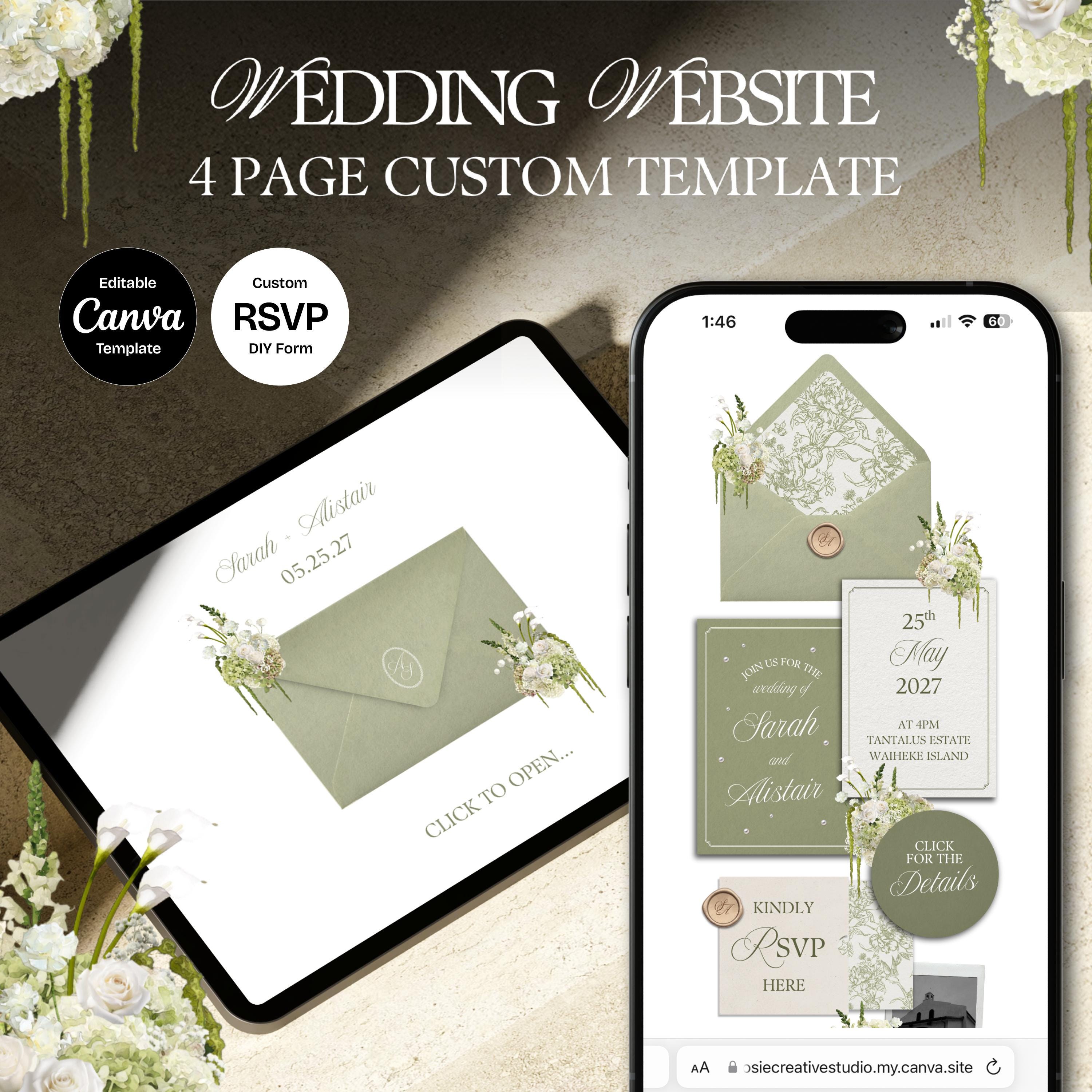 Sage Green & White Floral Wedding Website Template with RSVP: Editable Canva Design (Digital Download)
