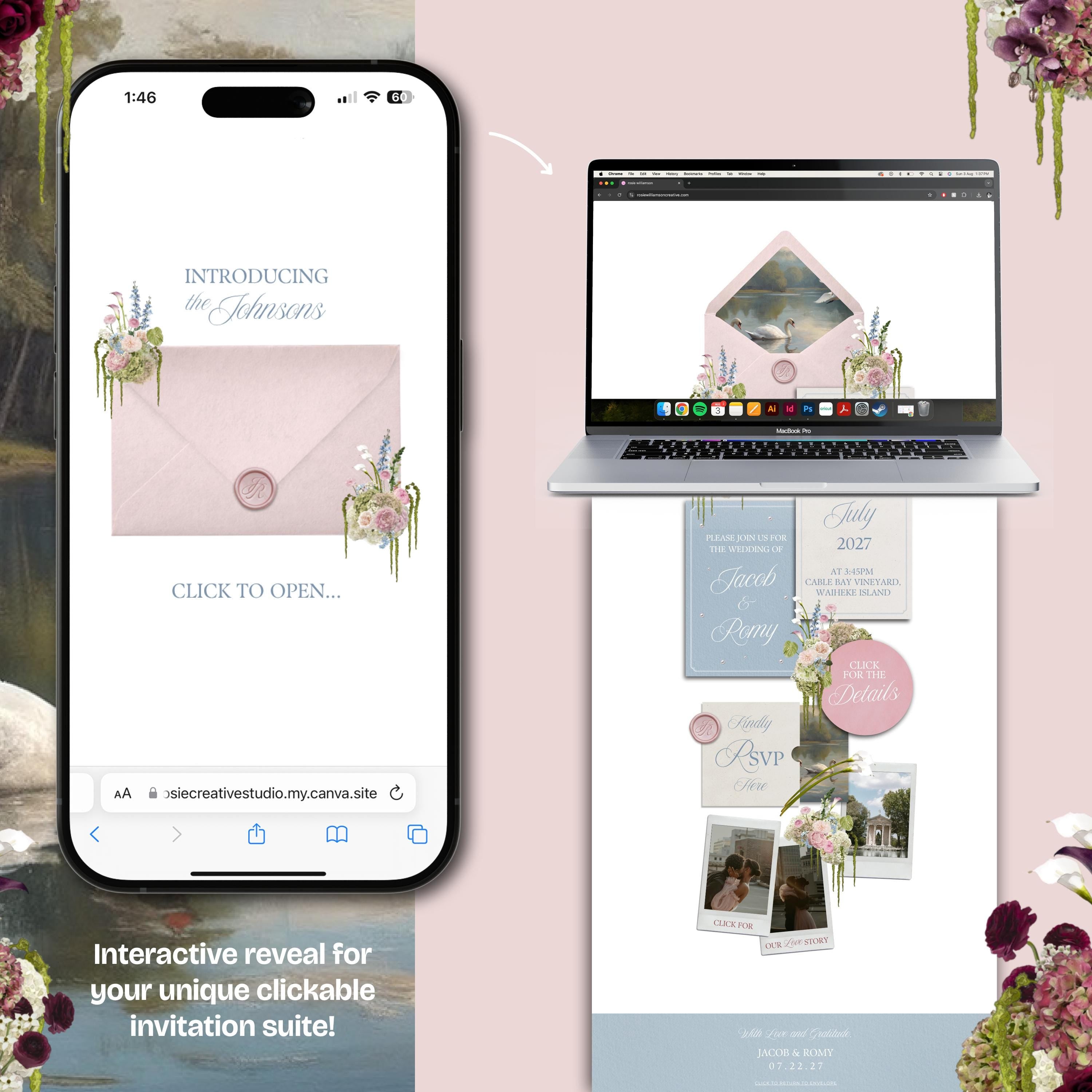 Blush Pink & Blue Floral Wedding Website Template with RSVP: Editable Canva Design (Digital Download)