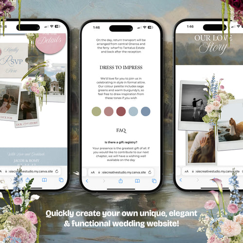 Blush Pink & Blue Floral Wedding Website Template with RSVP: Editable Canva Design (Digital Download)