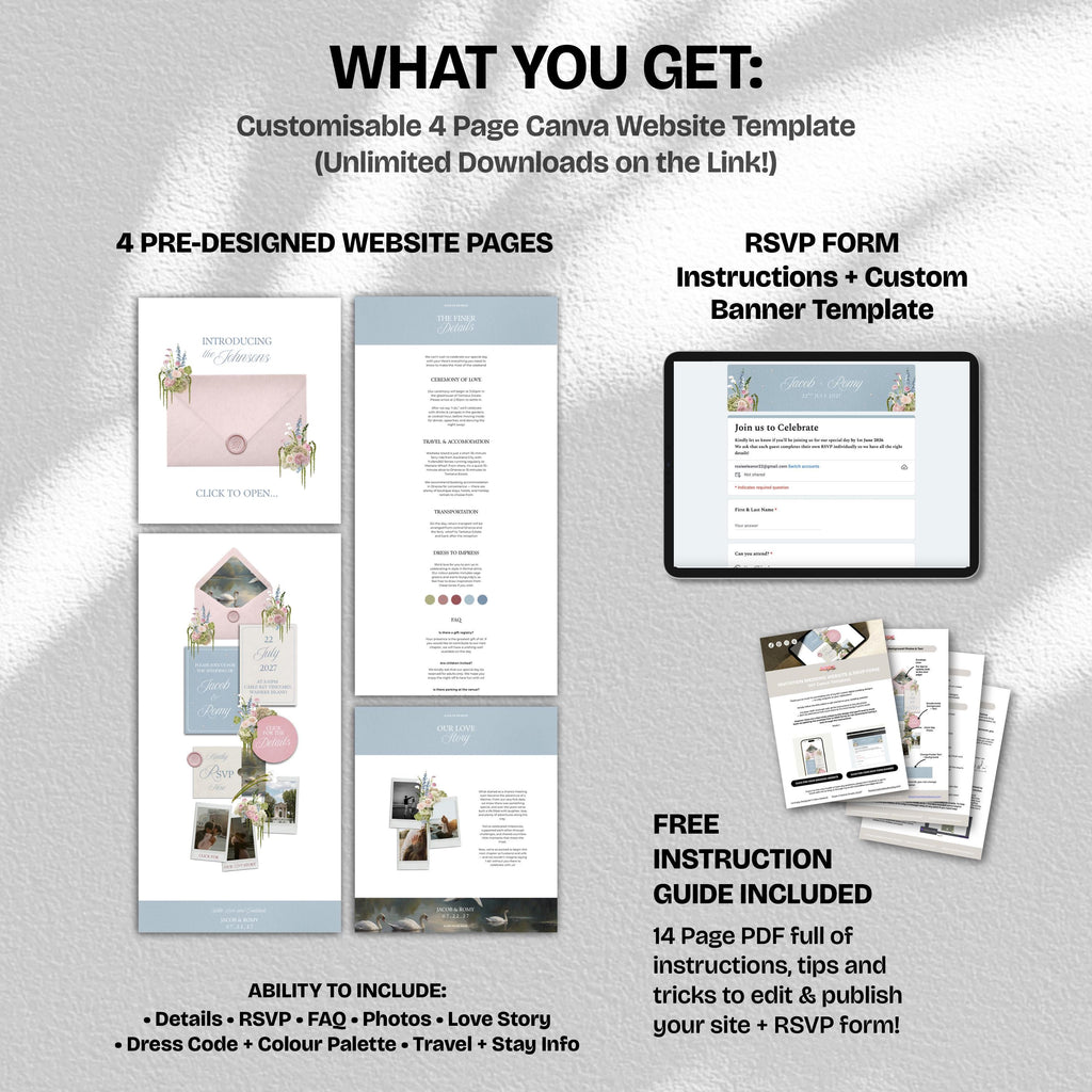Blush Pink & Blue Floral Wedding Website Template with RSVP: Editable Canva Design (Digital Download)