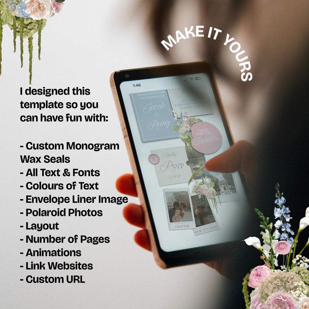 Blush Pink & Blue Floral Wedding Website Template with RSVP: Editable Canva Design (Digital Download)
