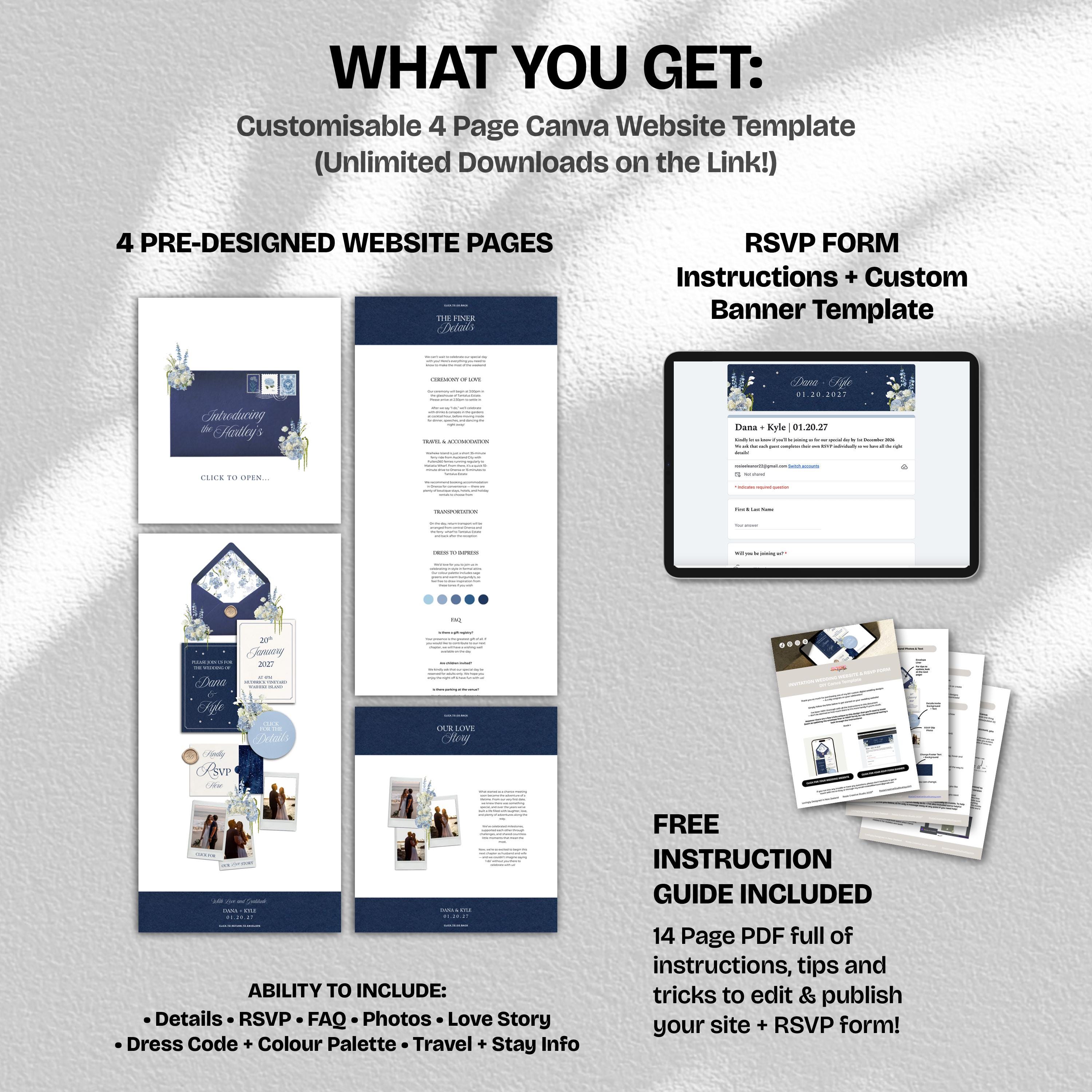 Navy Blue Wedding Website Template with RSVP: Editable Canva Design (Digital Download)
