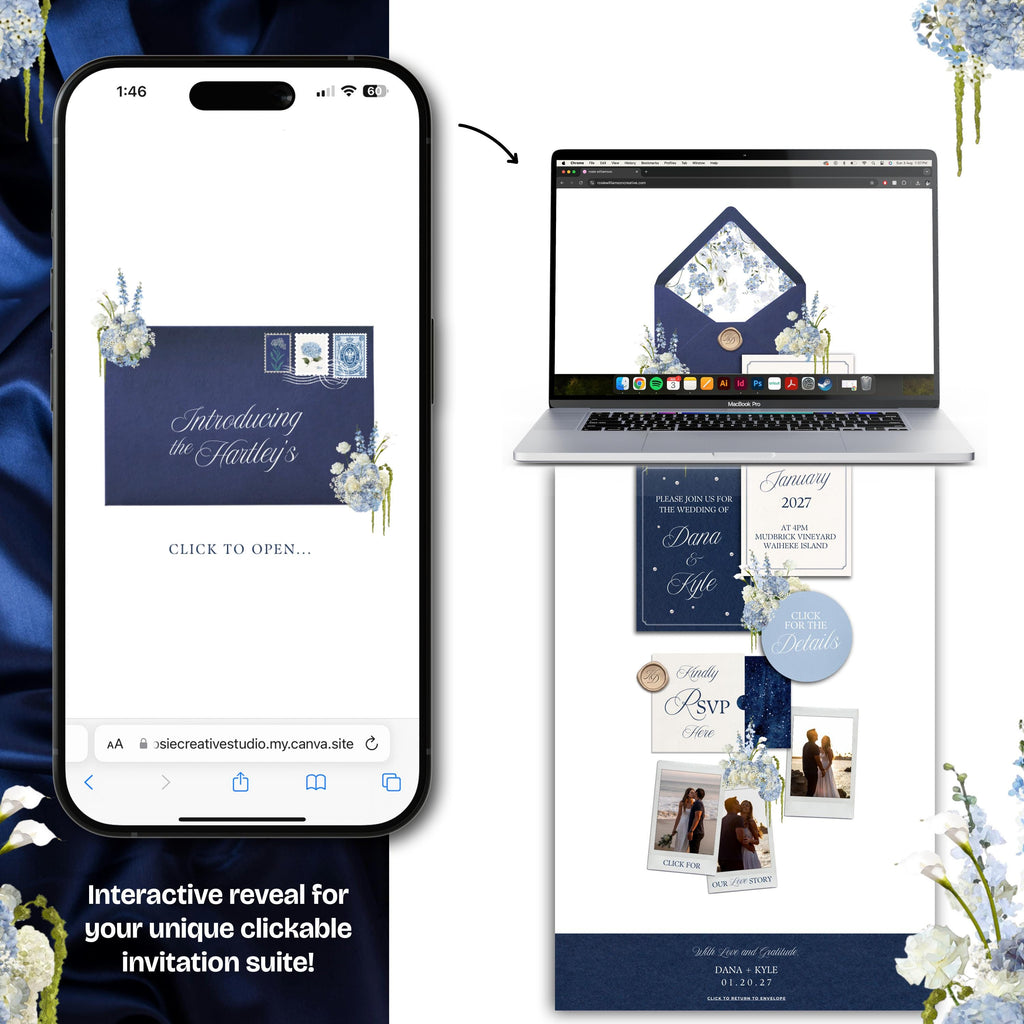 Navy Blue Wedding Website Template with RSVP: Editable Canva Design (Digital Download)