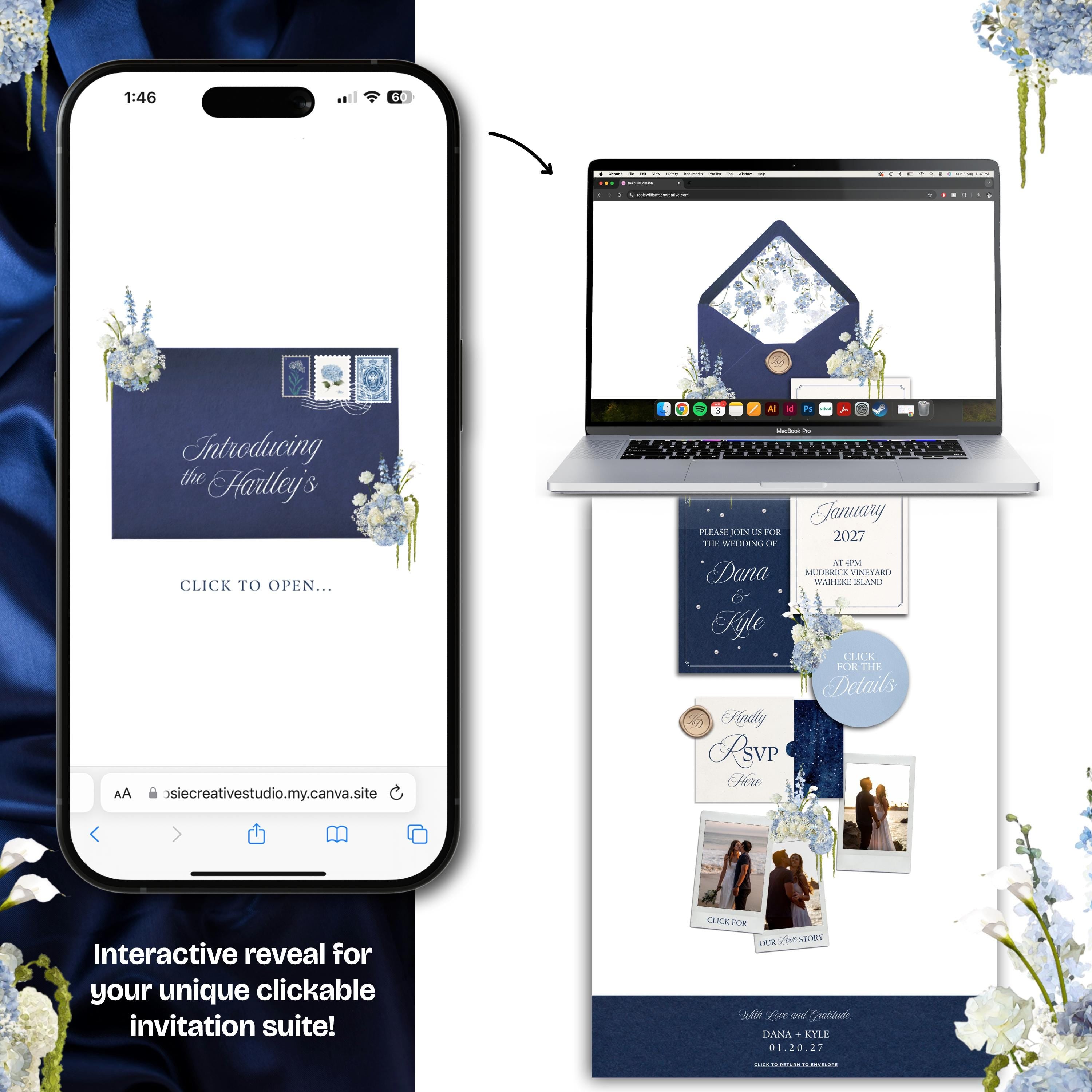 Navy Blue Wedding Website Template with RSVP: Editable Canva Design (Digital Download)