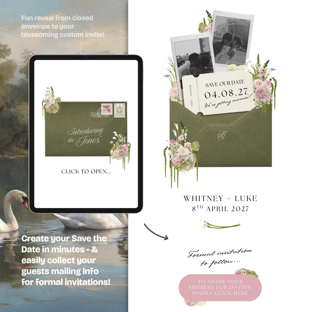 Olive Green & Pink Save the Date Website with RSVP/Details: DIY Canva Template (Digital Download)