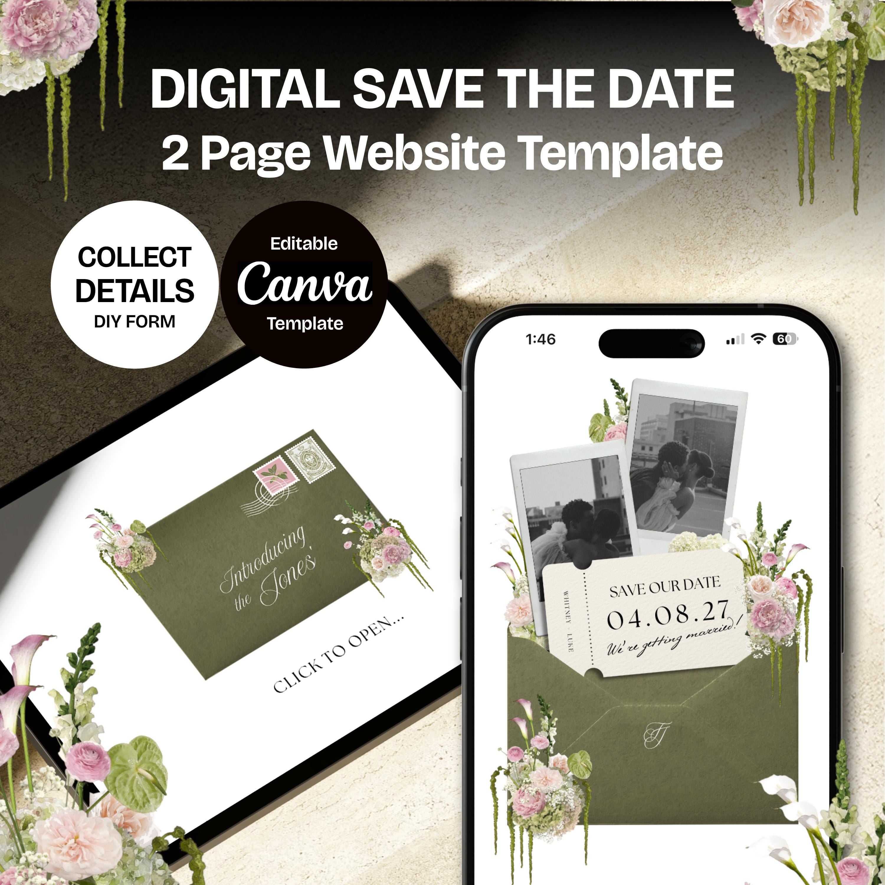 Olive Green & Pink Save the Date Website with RSVP/Details: DIY Canva Template (Digital Download)