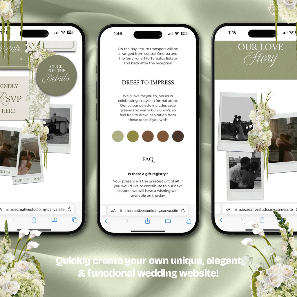 Sage Green & White Floral Wedding Website Template with RSVP: Editable Canva Design (Digital Download)