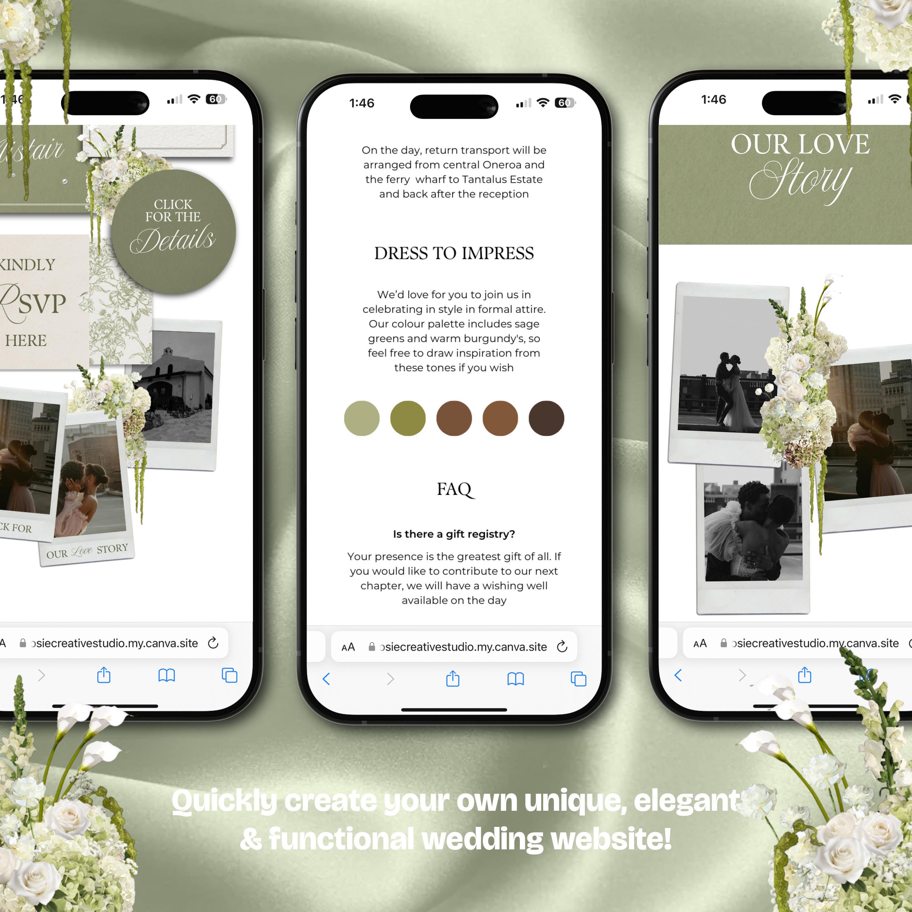 Sage Green & White Floral Wedding Website Template with RSVP: Editable Canva Design (Digital Download)
