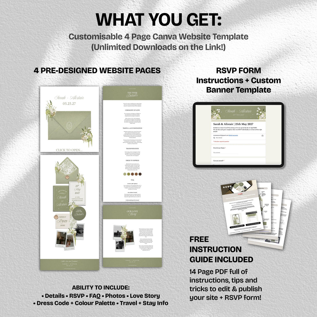 Sage Green & White Floral Wedding Website Template with RSVP: Editable Canva Design (Digital Download)