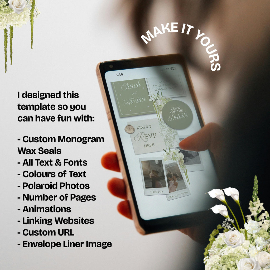 Sage Green & White Floral Wedding Website Template with RSVP: Editable Canva Design (Digital Download)