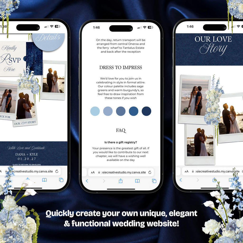 Navy Blue Wedding Website Template with RSVP: Editable Canva Design (Digital Download)