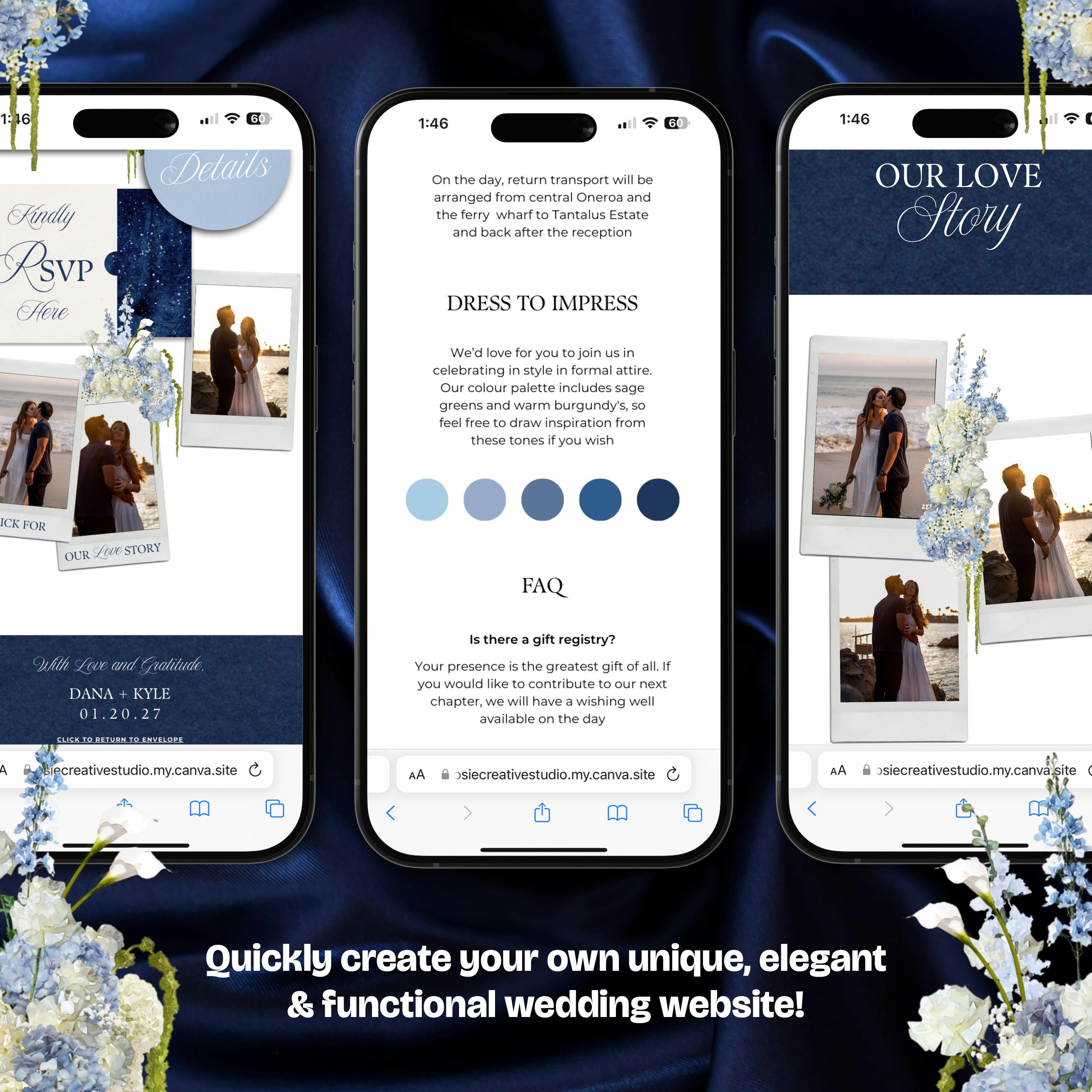 Navy Blue Wedding Website Template with RSVP: Editable Canva Design (Digital Download)
