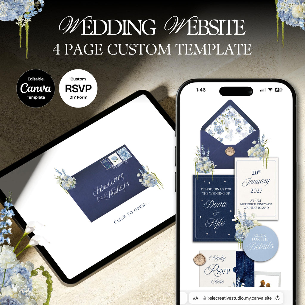 Navy Blue Wedding Website Template with RSVP: Editable Canva Design (Digital Download)